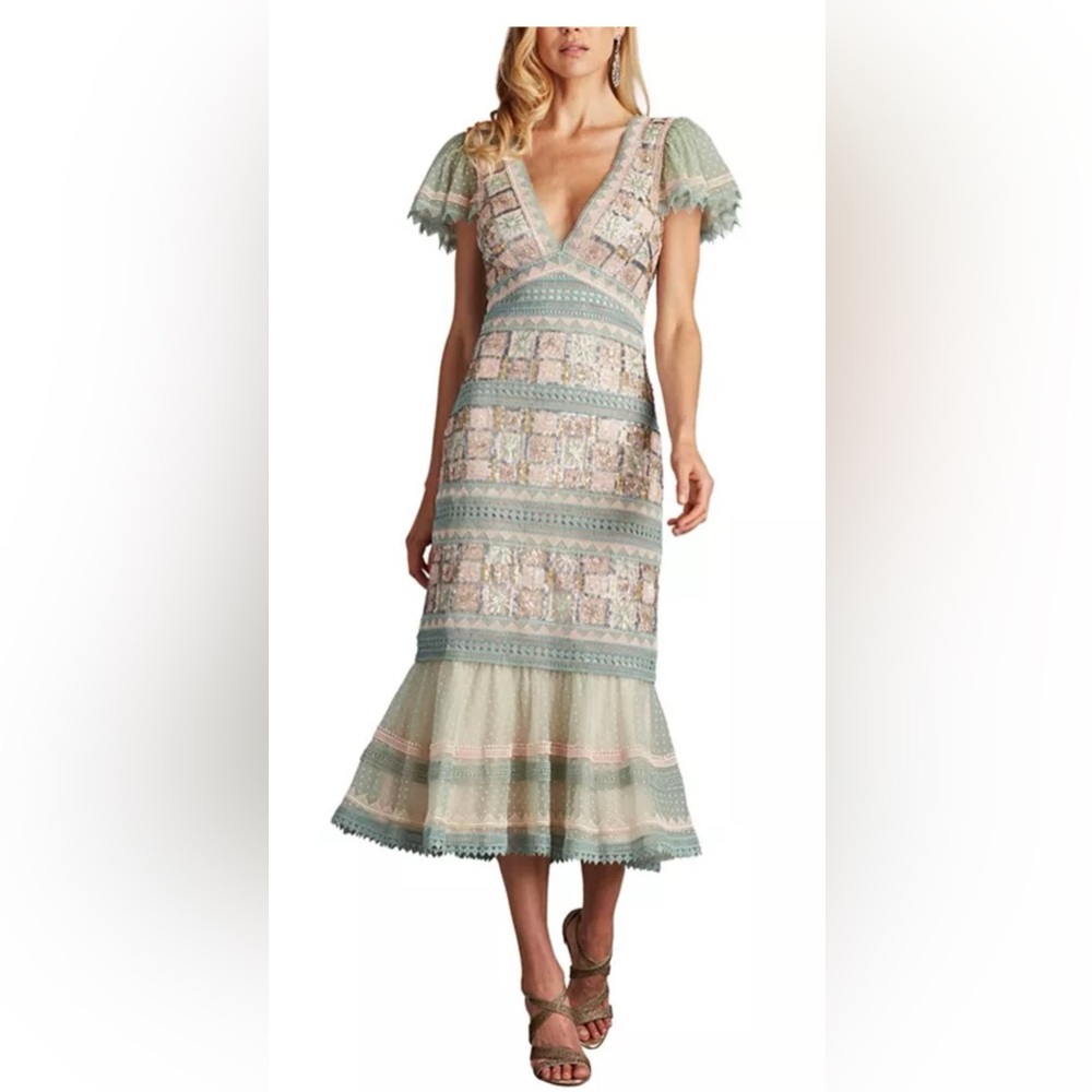 Tadashi Shoji Belle Sequin Lace Detail Cocktail Midi Sage/ Adobe Blush Mude NWT
